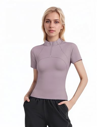 T-Shirt Damen Gym Top Sport Oberteil Yoga Kurzarm Tops Sportshirt Leicht Fitness Oberteil mit 1/4 Reißverschluss (DE/NL/SE/PL, Alphanumerisch, S, Regular, Regular, Rosa) von Bkul