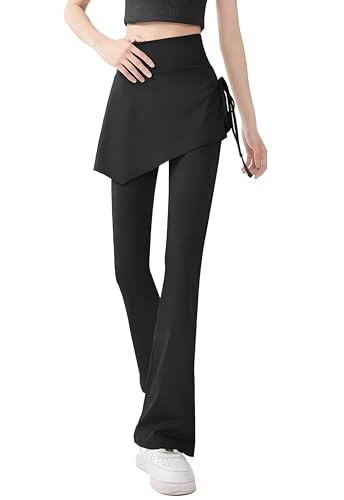 Yogahose Damen Schlank Flared Leggings Sporthose Damen Lang Dehnbare Jazzpants zum Verbergen des Bauches High Waist Leggings mit Kordelzug(Schwarz,XL) von Bkul