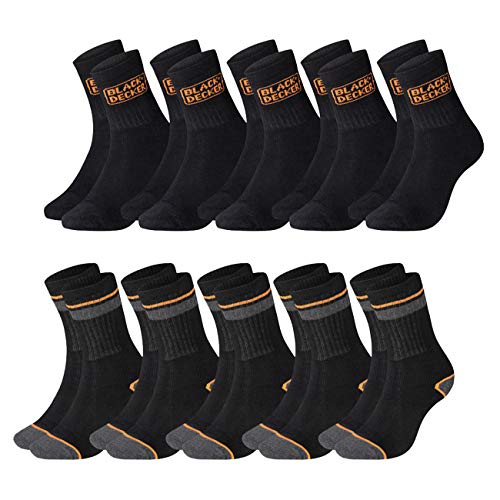 Black+Decker Herren Socken Heavy Fabric Crew 10er Pack Unisex Work Sport Arbeitssocken 39-42 43-46 47-49 50-52 Verstärkte Baumwolle Schwarz, Größe:39-42, Farbe:5 Paar Black/Black & 5 Paar Grey/Black von Black+Decker