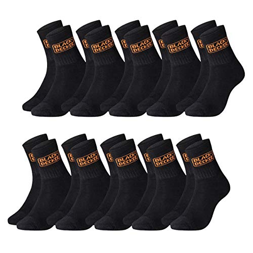 Black+Decker Herren Socken Heavy Fabric Crew 10er Pack Unisex Work Sport Arbeitssocken 39-42 43-46 47-49 50-52 Verstärkte Baumwolle Schwarz Grau, Größe:39-42, Farben:10 Paar Black/Black von Black+Decker