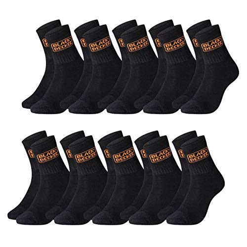 BLACK+DECKER Herren Socken Heavy Fabric Crew 10er Pack Unisex Work Sport Arbeitssocken 39-42 43-46 47-49 50-52 Verstärkte Baumwolle Schwarz Grau, Größe:47-49, Farben:10 Paar Black/Black von BLACK+DECKER