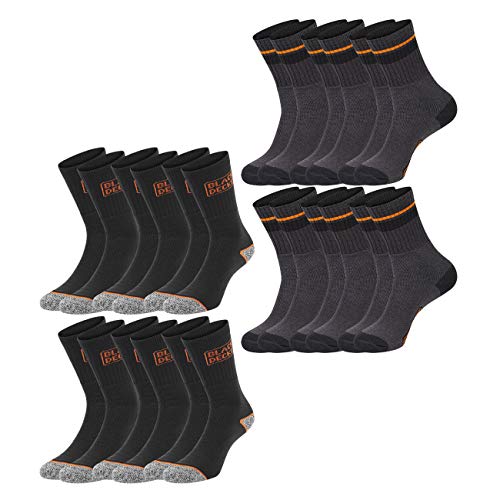 Black+Decker Unisex Herren Damen Arbeitssocken Essential Work Crew Socken 12er Pack Schwarz Grau Melange Baumwolle, Größe:47-49, Farbauswahl:6 Paar Black & 6 Paar Black/Grey von Black+Decker