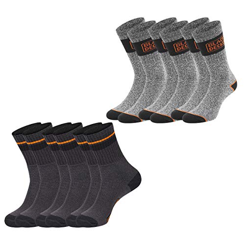 Black+Decker Unisex Herren Damen Arbeitssocken Essential Work Crew Socken 6er Pack Schwarz Grau Melange Baumwolle, Größe:39-42, Farbe:3 Paar Black/Grey & 3 Paar Grey Chiné von Black+Decker