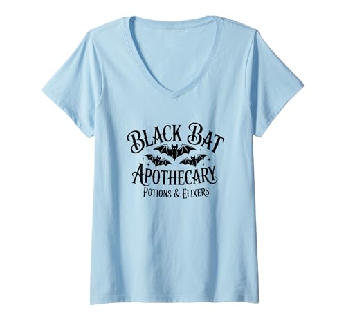 Damen Black Bat Apothekertränke & Elixiere Gothic T-Shirt mit V-Ausschnitt von Black Bat Apothecary Mystical Elixirs Potions