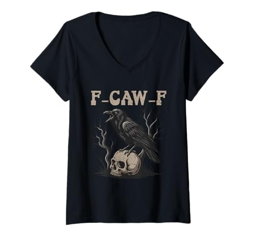 Damen Black Crow F-Caw-F Full Moon Gothic Black Bird Humor für Erwachsene T-Shirt mit V-Ausschnitt von Black Bird Goth Crow Mystical Witchcraft Sarcastic