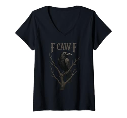 Damen Black Crow F-Caw-F Full Moon Gothic Black Bird Humor für Erwachsene T-Shirt mit V-Ausschnitt von Black Bird Goth Crow Mystical Witchcraft Sarcastic