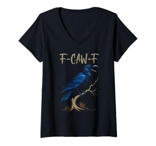Damen Black Crow F-Caw-F Full Moon Gothic Black Bird Humor für Erwachsene T-Shirt mit V-Ausschnitt von Black Bird Goth Crow Mystical Witchcraft Sarcastic