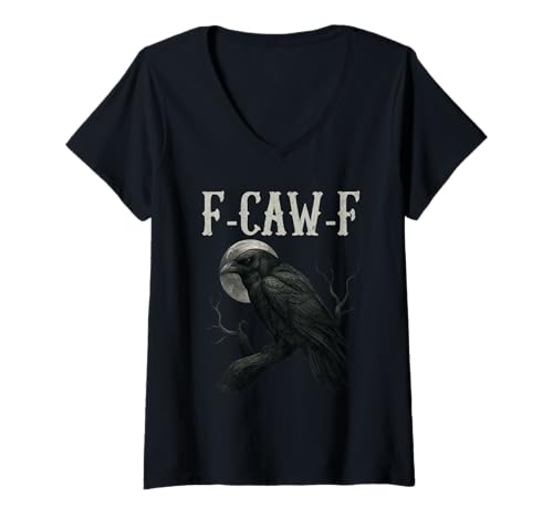 Damen Black Crow F-Caw-F Full Moon Gothic Witchy Humor für Erwachsene Herren T-Shirt mit V-Ausschnitt von Black Bird Goth Crow Mystical Witchcraft Sarcastic