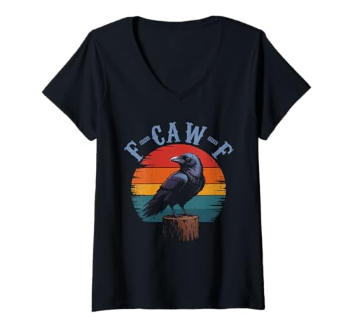 Damen Black Crow F-Caw-F Full Moon Gothic Witchy Humor für Erwachsene Herren T-Shirt mit V-Ausschnitt von Black Bird Goth Crow Mystical Witchcraft Sarcastic