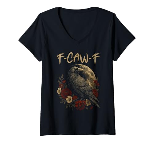 Damen Black Crow F-Caw-F Full Moon Gothic Witchy Humor für Erwachsene Herren T-Shirt mit V-Ausschnitt von Black Bird Goth Crow Mystical Witchcraft Sarcastic