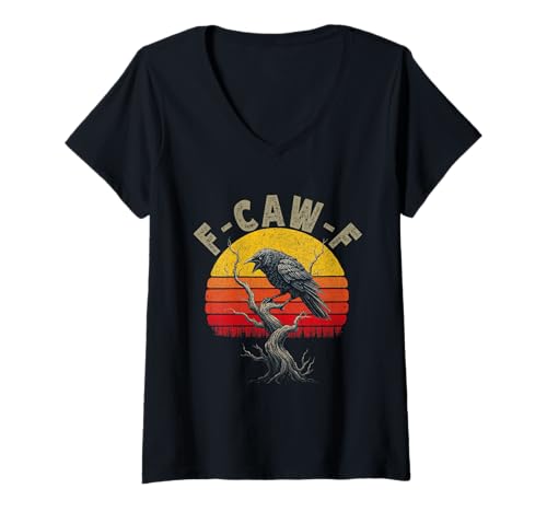 Damen Black Crow F-Caw-F Full Moon Gothic Witchy Humor für Erwachsene Herren T-Shirt mit V-Ausschnitt von Black Bird Goth Crow Mystical Witchcraft Sarcastic