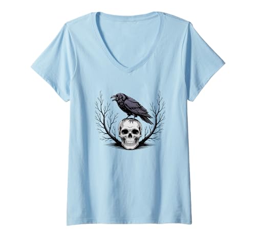 Damen Schwarze Krähe Halloween Schädel T-Shirt mit V-Ausschnitt Damen Schwarze Krähe Halloween Schädel T-Shirt mit V-Ausschnitt von Black Bird