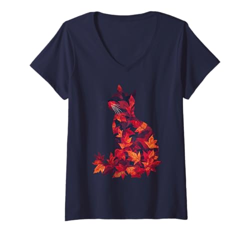 Damen Katze Herbst Blätter Herbst Natur Dunkelrot Katzenliebhaber T-Shirt mit V-Ausschnitt von Black Cat Autumn Leaves - Fall Apparel & Gifts