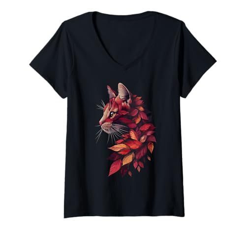 Damen Katze Herbst Blätter Herbst Natur Dunkelrot Maine Coon Katzenliebhaber T-Shirt mit V-Ausschnitt von Black Cat Autumn Leaves - Fall Apparel & Gifts
