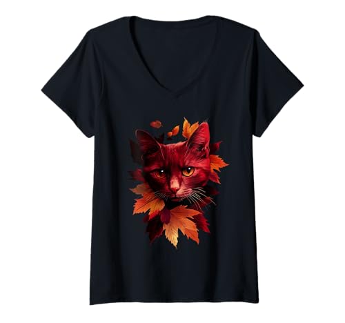Damen Katze Herbst Blätter Herbst Natur Dunkelrot Schwarz Katzenliebhaber T-Shirt mit V-Ausschnitt von Black Cat Autumn Leaves - Fall Apparel & Gifts