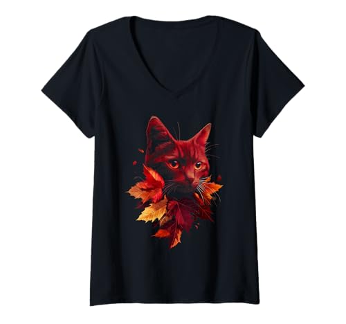 Damen Katze Herbst Blätter Herbst Natur Dunkelrot Schwarz Katzenliebhaber T-Shirt mit V-Ausschnitt von Black Cat Autumn Leaves - Fall Apparel & Gifts