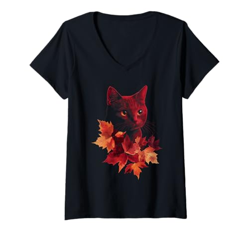 Damen Katze Herbst Blätter Herbst Natur Dunkelrot Schwarz Katzenliebhaber T-Shirt mit V-Ausschnitt von Black Cat Autumn Leaves - Fall Apparel & Gifts