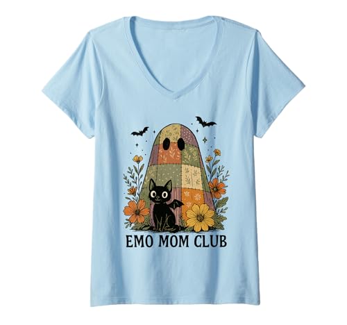 Damen Emo Mom Club Sonnenblume Floral Black Cat Cute Ghost T-Shirt mit V-Ausschnitt Damen Emo Mom Club Sonnenblume Floral Black Cat Cute Ghost T-Shirt mit V-Ausschnitt von Black Cat Emo Mom Club
