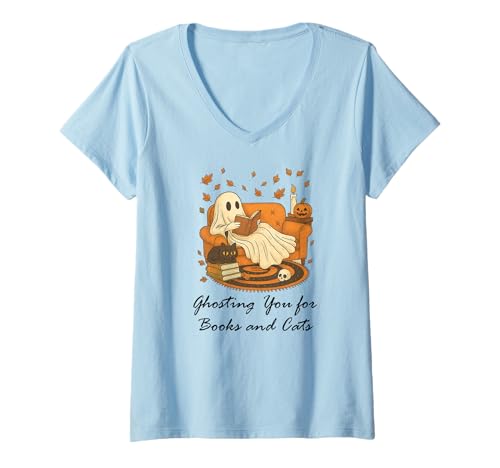 Damen Fall Black Cat Ghosting You for Book Halloween Ghost Reading T-Shirt mit V-Ausschnitt Damen Fall Black Cat Ghosting You for Book Halloween Ghost Reading T-Shirt mit V-Ausschnitt von Black Cat Ghost Book Shirt,Ghost Reading Tumblers