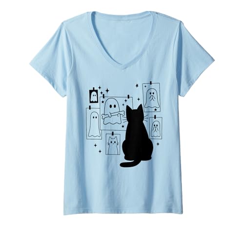 Damen Schwarze Katze mit süßem Geist, Halloween-Kunst T-Shirt mit V-Ausschnitt Damen Schwarze Katze mit süßem Geist, Halloween-Kunst T-Shirt mit V-Ausschnitt von Black Cat Ghost Halloween Theme
