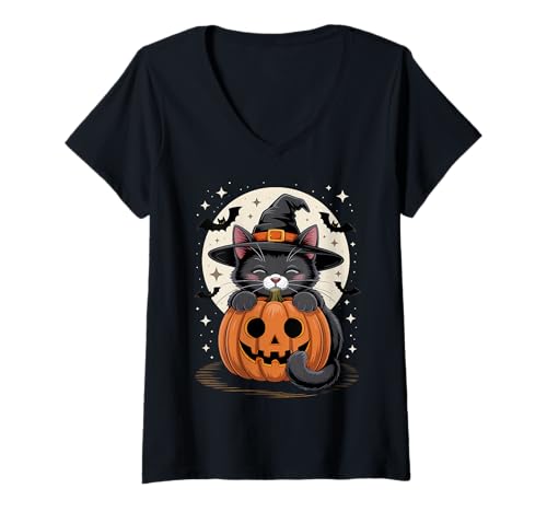 Damen Happy Halloween Schwarze Katze Hexenhut Kürbis Gruselig T-Shirt mit V-Ausschnitt von Black Cat Halloween Pumpkins Bats Costume Tees