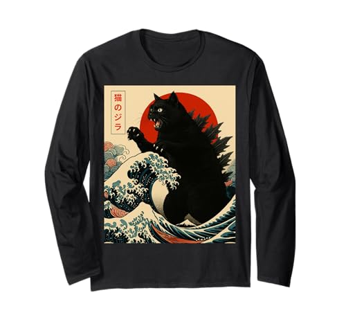 Catzilla-Katze, japanische Kunst, lustige Geschenke für Männer, Frauen, Jungen, Kinder Langarmshirt von Black Cat Lover Gifts Graphic Tees Art