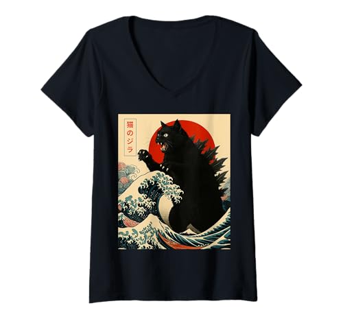 Damen Catzilla-Katze, japanische Kunst, lustige Geschenke für Männer, Frauen, Jungen, Kinder T-Shirt mit V-Ausschnitt von Black Cat Lover Gifts Graphic Tees Art