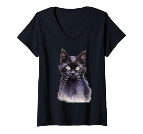 Damen Aquarell Schwarze Katze gelbe Augen Design Cool Katzenbesitzer Liebhaber T-Shirt mit V-Ausschnitt von Black Cat Lover Graphic Print Apparel Men Women