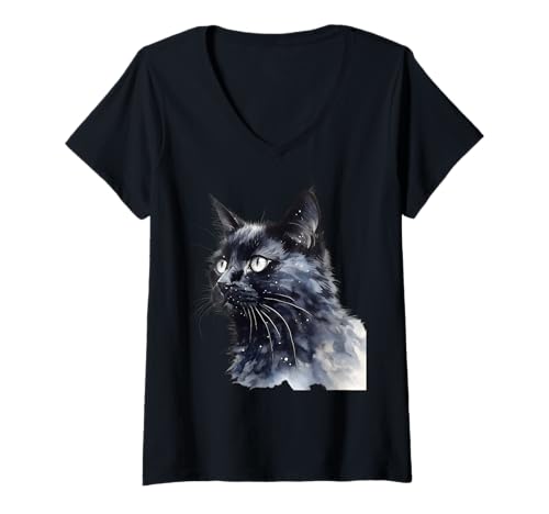 Damen Aquarell Schwarze Katze gelbe Augen Design Grafik Cooler Druck T-Shirt mit V-Ausschnitt von Black Cat Lover Graphic Print Apparel Men Women