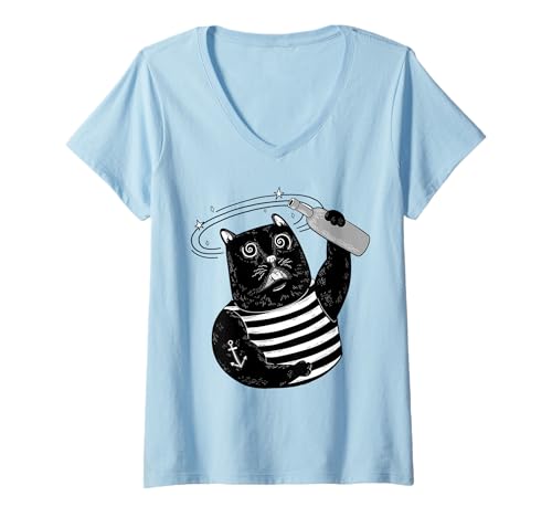 Damen Black Cat Sailor Segel Bootfahren Captain Vintage Segelkatze T-Shirt mit V-Ausschnitt von Black Cat Lover Graphic Print Apparel Men Women