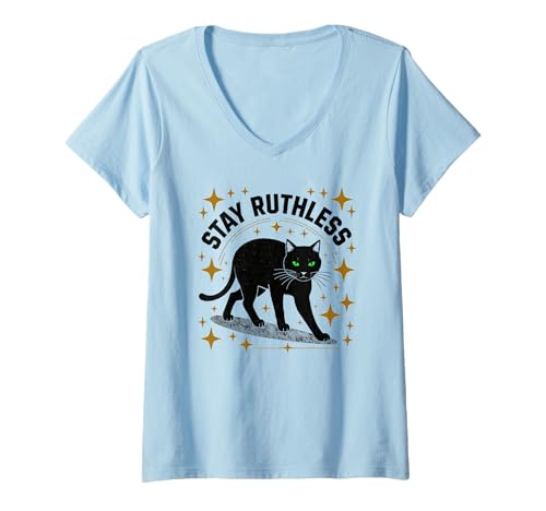 Damen Black Cat Stay Ruthless Retro-Motiv mit schwarzer Katze im Vintage-Look T-Shirt mit V-Ausschnitt von Black Cat Lover Graphic Print Apparel Men Women