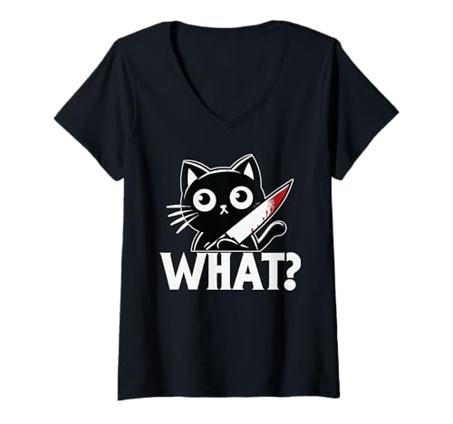 Damen Black Cat What? Lustige Schwarze Katze Mörderische Katze mit Messer T-Shirt mit V-Ausschnitt von Black Cat Lover Graphic Print Apparel Men Women