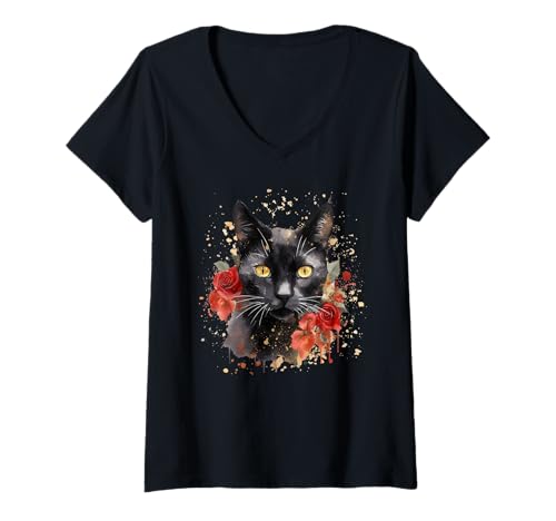 Damen Blumen, Schwarze Katzen, gelbe Augen, rote Rosen, Blumen, bunt T-Shirt mit V-Ausschnitt von Black Cat Lover Graphic Print Apparel Men Women