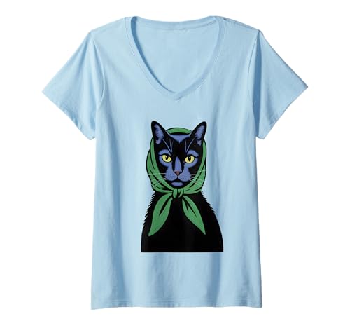 Damen Coole Schwarze Katze Vintage Print Katze Grafikdesign Jungen Mädchen T-Shirt mit V-Ausschnitt von Black Cat Lover Graphic Print Apparel Men Women