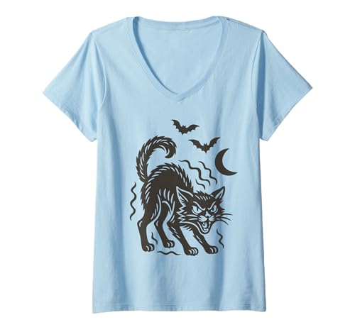 Damen Gruselige Schwarze Katze Halloween Liebhaber Kostüm Retro Katzenbesitzer T-Shirt mit V-Ausschnitt von Black Cat Lover Graphic Print Apparel Men Women