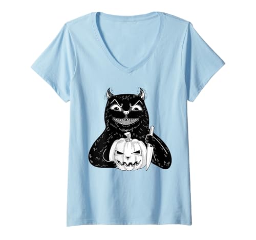 Damen Gruselige Schwarze Katze Halloween Vintage Gruselige Katze Retro Grafik T-Shirt mit V-Ausschnitt von Black Cat Lover Graphic Print Apparel Men Women