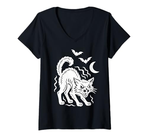 Damen Gruselige weiße Katze Halloween Liebhaber Kostüm Retro Katzenbesitzer T-Shirt mit V-Ausschnitt von Black Cat Lover Graphic Print Apparel Men Women