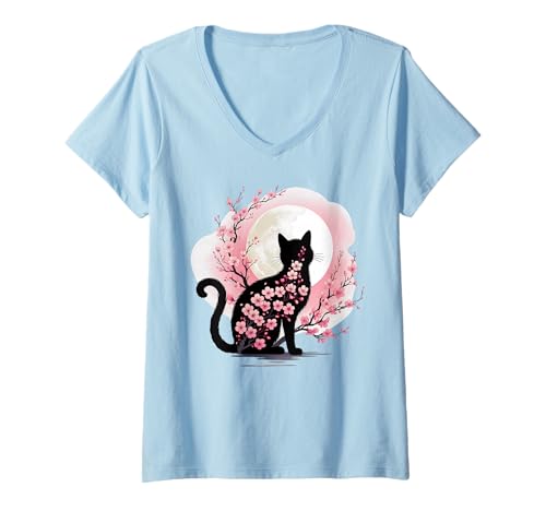 Damen Japanische Schwarze Katze Kirschblüte Japan Sakura Japanische Kunst T-Shirt mit V-Ausschnitt von Black Cat Lover Graphic Print Apparel Men Women