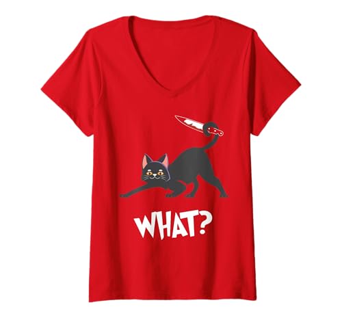 Damen Katze was? Lustiger Spruch Schwarze Katze Mörderische Katze mit Messer T-Shirt mit V-Ausschnitt von Black Cat Lover Graphic Print Apparel Men Women