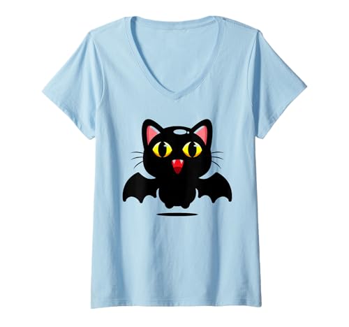 Damen Kawaii Schwarze Katze Niedlich Vampir Halloween Einfaches Kostüm T-Shirt mit V-Ausschnitt von Black Cat Lover Graphic Print Apparel Men Women