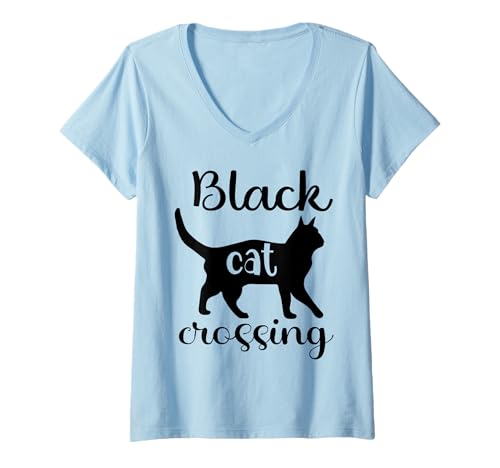 Damen Lustige Schwarze Katze Crossing Humorvoller Witz Grafik Schwarze Katze T-Shirt mit V-Ausschnitt von Black Cat Lover Graphic Print Apparel Men Women
