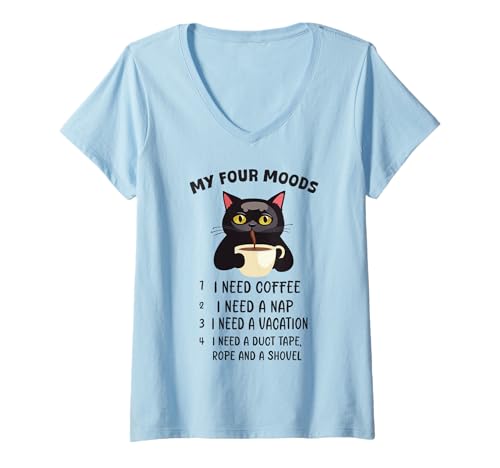 Damen Lustiger Spruch, Schwarze Katze, Kaffeeliebhaber, Stimmung, humorvoll, Witz, Wortspiel T-Shirt mit V-Ausschnitt von Black Cat Lover Graphic Print Apparel Men Women