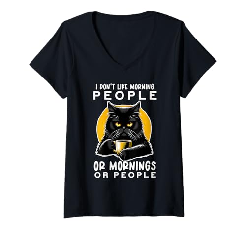 Damen Lustiger Spruch Meme Black Cat Dont Like Morning People Humor T-Shirt mit V-Ausschnitt von Black Cat Lover Graphic Print Apparel Men Women