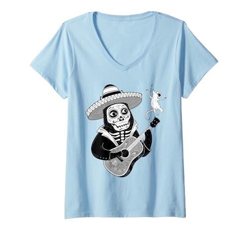 Damen Mexikanische Schwarze Katze, spanische Mexiko, Zuckerschädel, Schwarze Katze T-Shirt mit V-Ausschnitt von Black Cat Lover Graphic Print Apparel Men Women