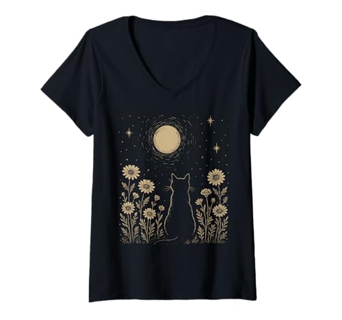 Damen Minimalistische Kunst Floral Black Cat Dark Night Vintage Moon T-Shirt mit V-Ausschnitt von Black Cat Lover Graphic Print Apparel Men Women
