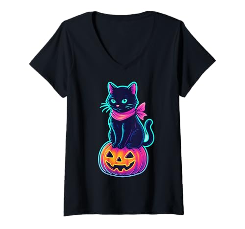 Damen Niedliche Schwarze Katze Kürbis Halloween Grafik Kostüm Gruselige Katze T-Shirt mit V-Ausschnitt von Black Cat Lover Graphic Print Apparel Men Women