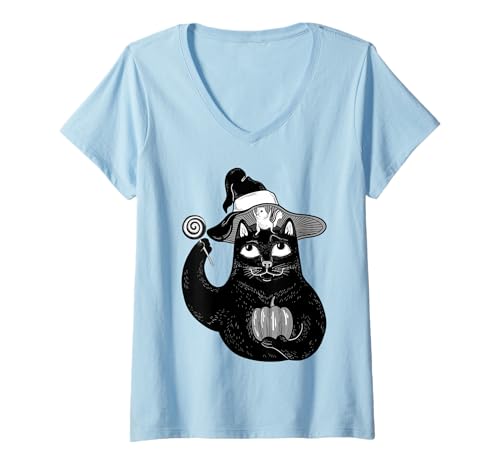 Damen Niedliche Schwarze Katze Liebhaber Retro Vintage Schwarze Katze Herbst Kürbis T-Shirt mit V-Ausschnitt von Black Cat Lover Graphic Print Apparel Men Women