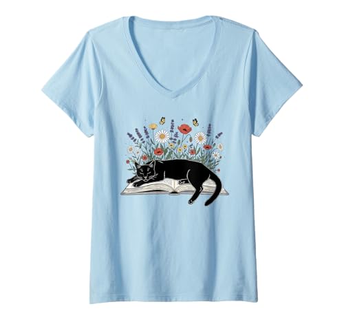 Damen Reader Black Cat Lesebuch, Blumenbuchliebhaber, liest Blumen T-Shirt mit V-Ausschnitt von Black Cat Lover Graphic Print Apparel Men Women
