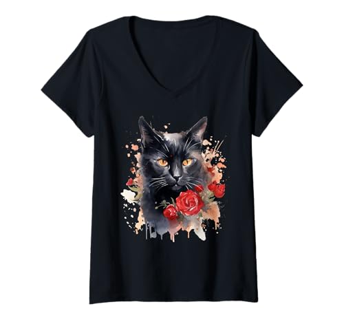 Damen Schwarze Katze gelbe Augen Floral rote Rosen Blumen bunt T-Shirt mit V-Ausschnitt von Black Cat Lover Graphic Print Apparel Men Women