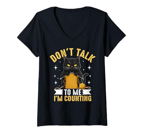 Damen Strickgarn mit schwarzer Katze, lustiger Spruch T-Shirt mit V-Ausschnitt von Black Cat Lover Graphic Print Apparel Men Women